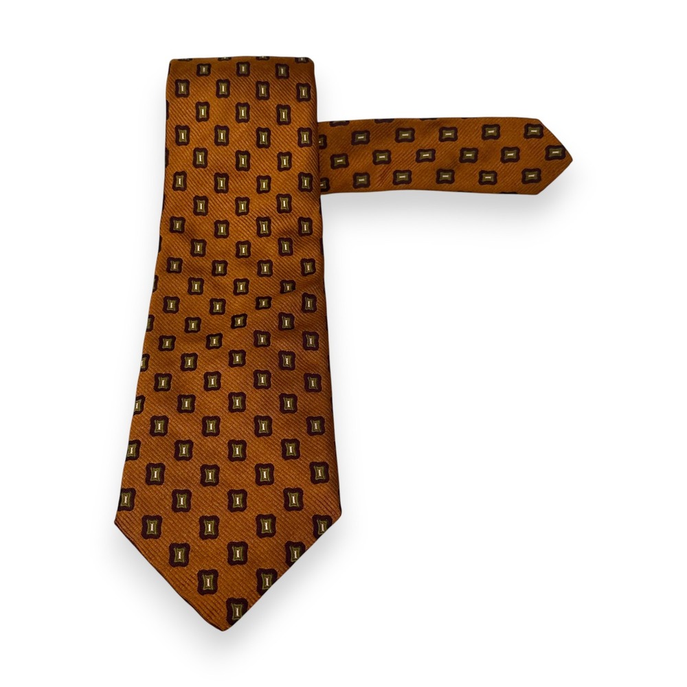 Barneys New York Mens Silk Geometric Tie 59 x 3.75 Gold Purple Italy Vintage